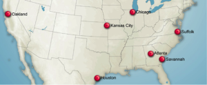 Map with pins at Oakland, Houston, Kansas City, Chicago, Suffolk, Atlanta and Savannah