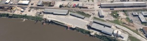 Aerial of the port of Kansas City. Several buildings with docking area