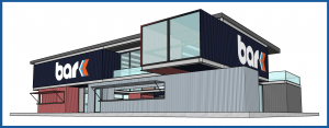Rendering of Bar K dog park, a two story building made of re-purposed shipping containers