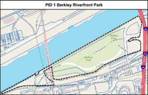 Map of Berkley Riverfront Park south of the Missouri River west of I-29