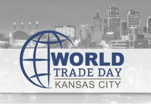 black and white photograph of the Kansas City skyline with the World Trade Day logo