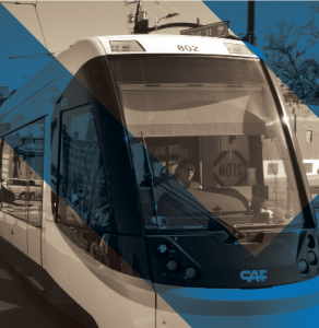 front view of the KC Streetcar with graphical overlay