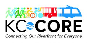 KC CORE logo featureing pedestrians blending into bikers, a bus, and streetcar